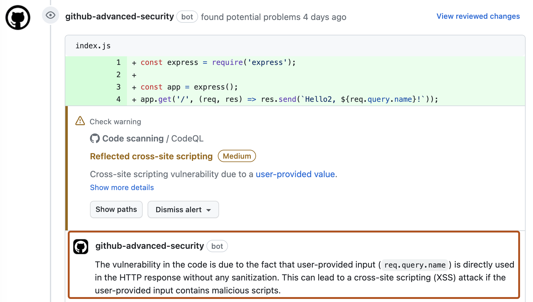 끌어오기 요청의 code scanning 경고에 대한 검사 실패 스크린샷입니다. "자동 수정" 제안의 일부는 진한 주황색으로 간략하게 설명되어 있습니다.