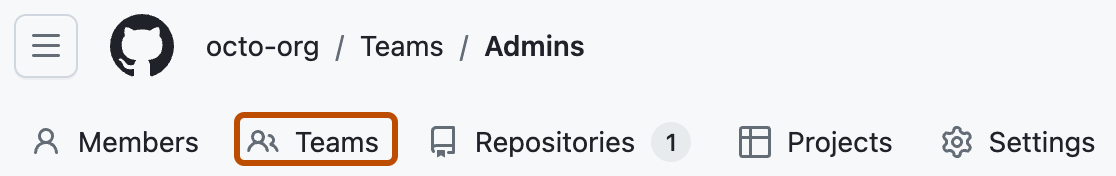 Screenshot of the header of a team's page. A tab, labeled with a people icon and "Teams", is outlined in dark orange.