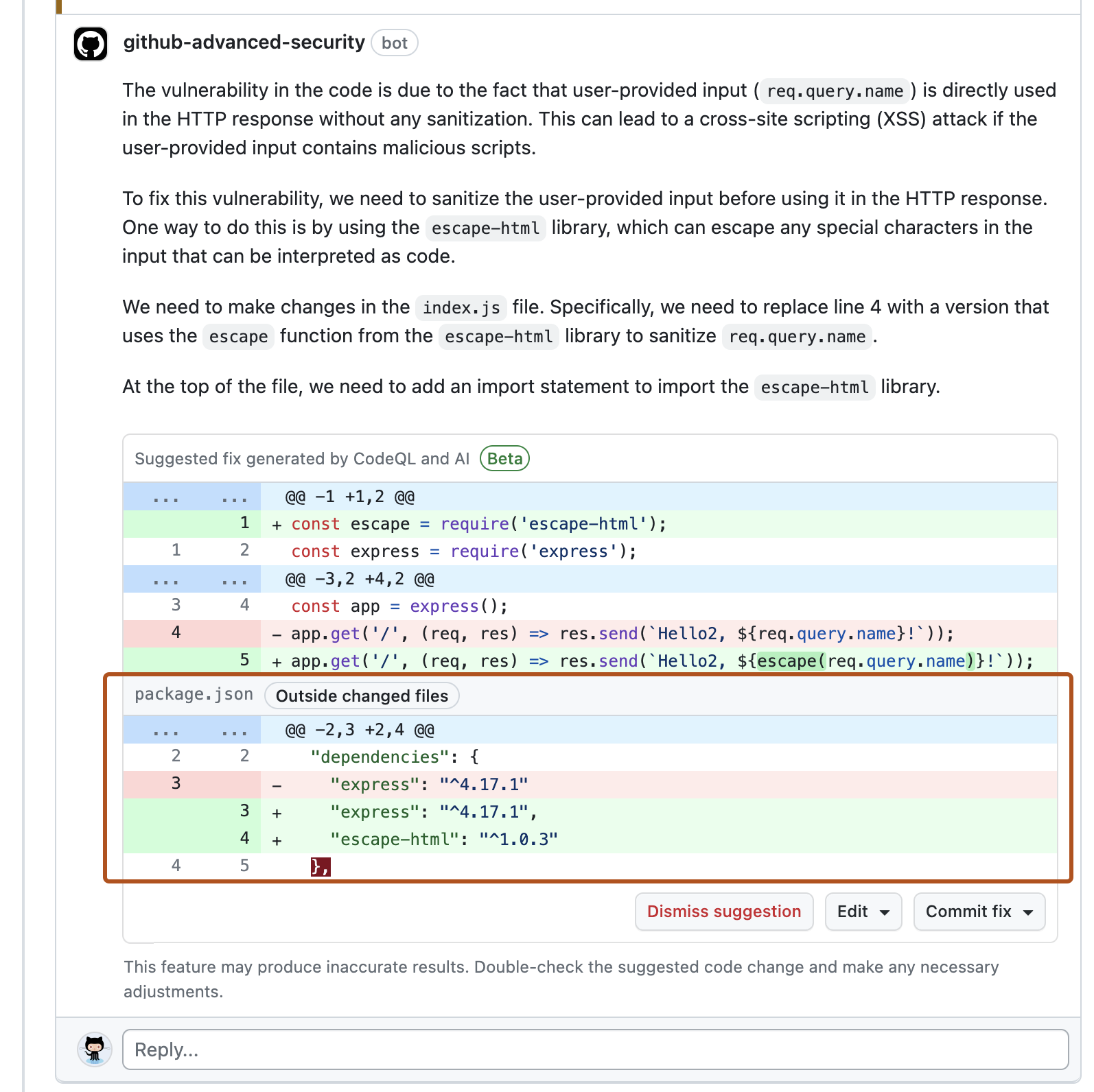 현재 파일의 설명 및 변경 내용이 포함된 Copilot Autofix 제안 스크린샷. "package.json"의 제안된 변경 내용은 진한 주황색으로 간략하게 설명되어 있습니다.