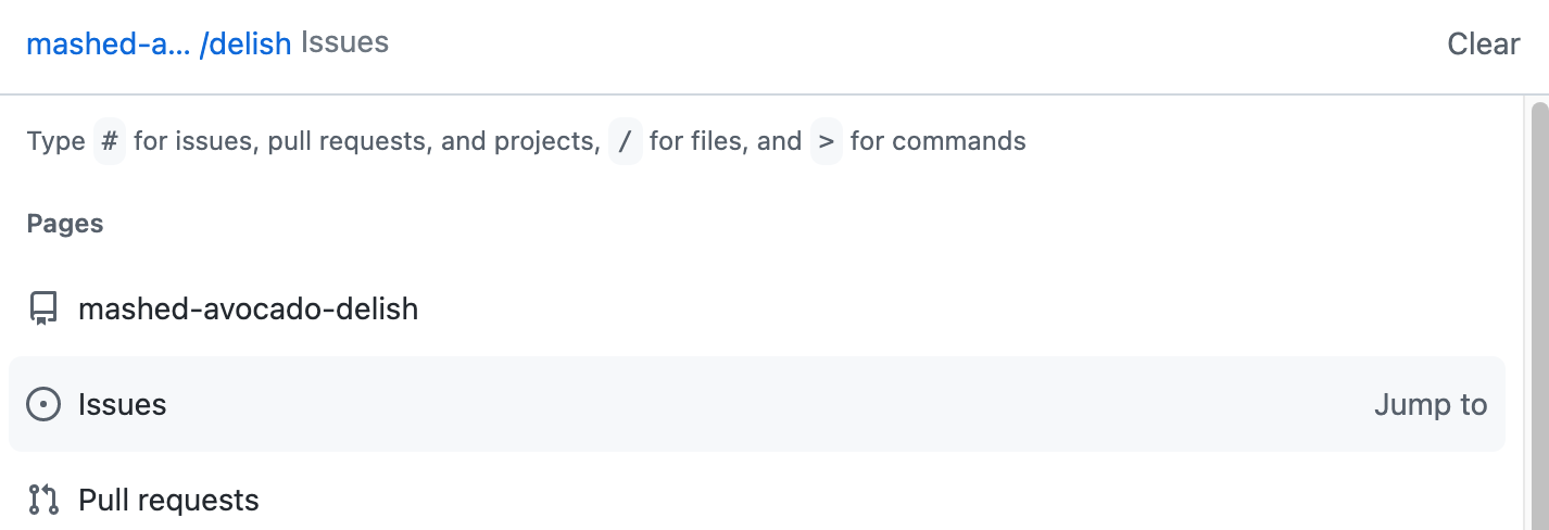 Screenshot of the command palette. The "Issues" and "Pull requests" pages for the current repository are suggested.