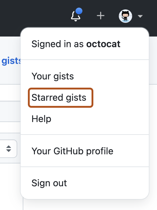 Screenshot of a user's account menu. The menu item "Starred gists" is outlined in dark orange.