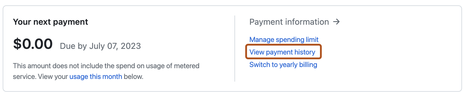 Captura de tela da seção "Resumo da cobrança" da página de configurações das informações de pagamento. Em "Informações de pagamento", há um link "Exibir histórico de pagamentos" realçado com um contorno em laranja escuro.