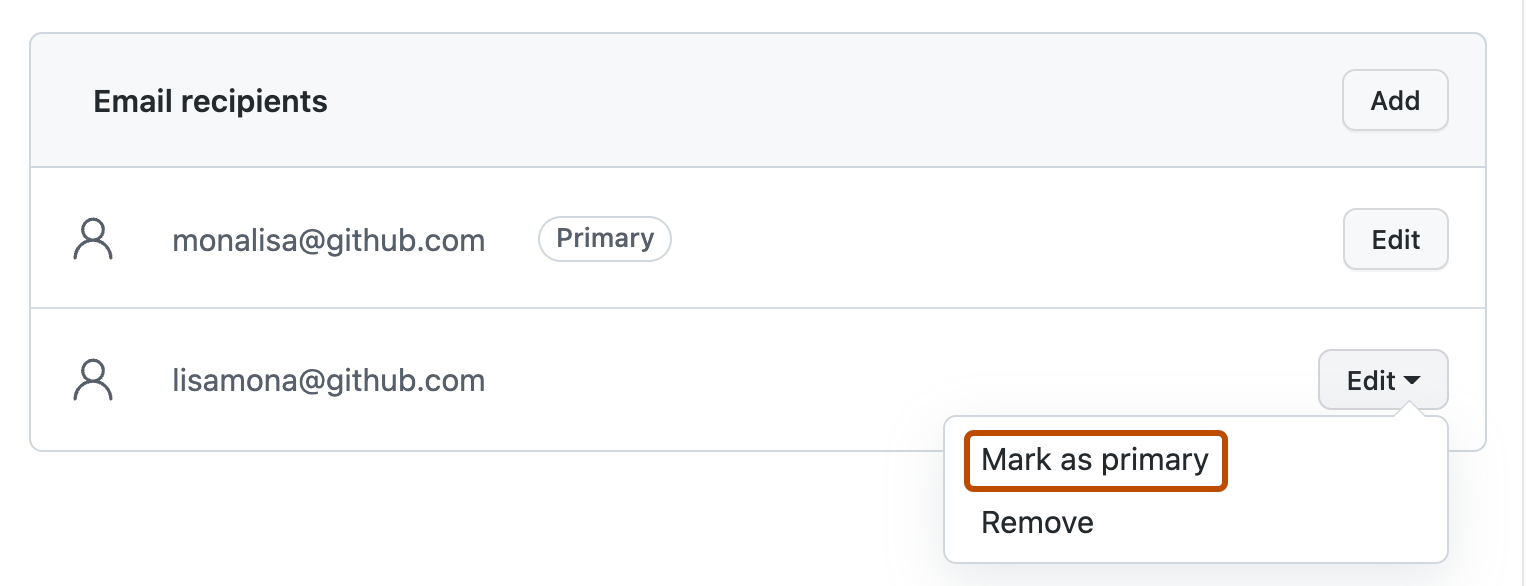 Screenshot of the "Email recipients" section. Next to an email address, under the open "Edit" dropdown, "Mark as primary" is outlined in orange.