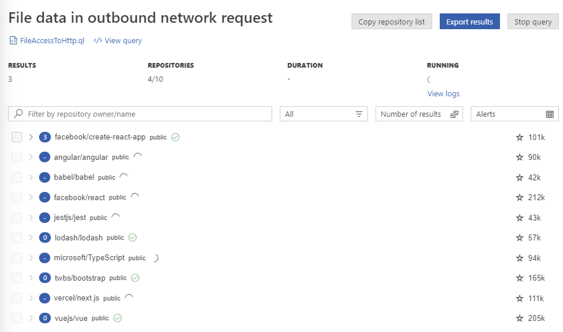 "FileAccessToHttp.ql"에 대한 실행을 보여 주는 "변형 분석 결과" 스크린샷 파란색 원은 찾은 결과 또는 "-"가 여전히 실행 중인 수를 표시합니다.