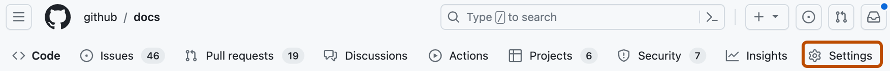 Screenshot of the tabs in a GitHub repository. The "Settings" option is outlined in dark orange.