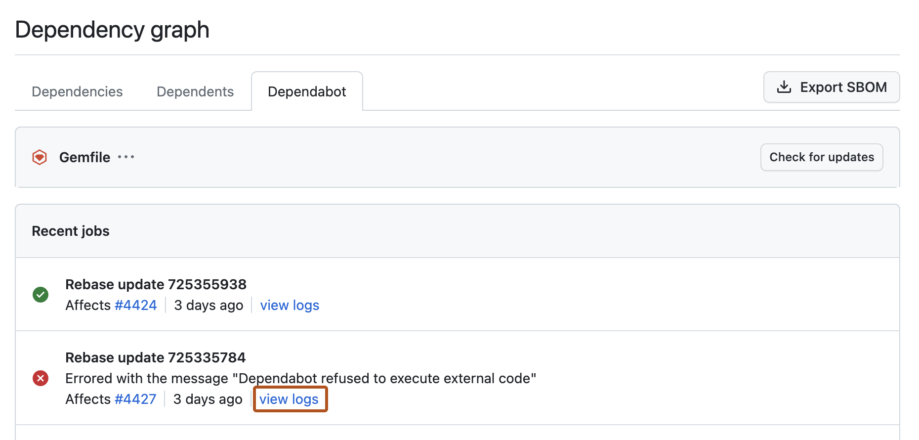 Screenshot of the Dependabot job log entries for a manifest file. A button, called "View logs", is highlighted in a dark orange outline.