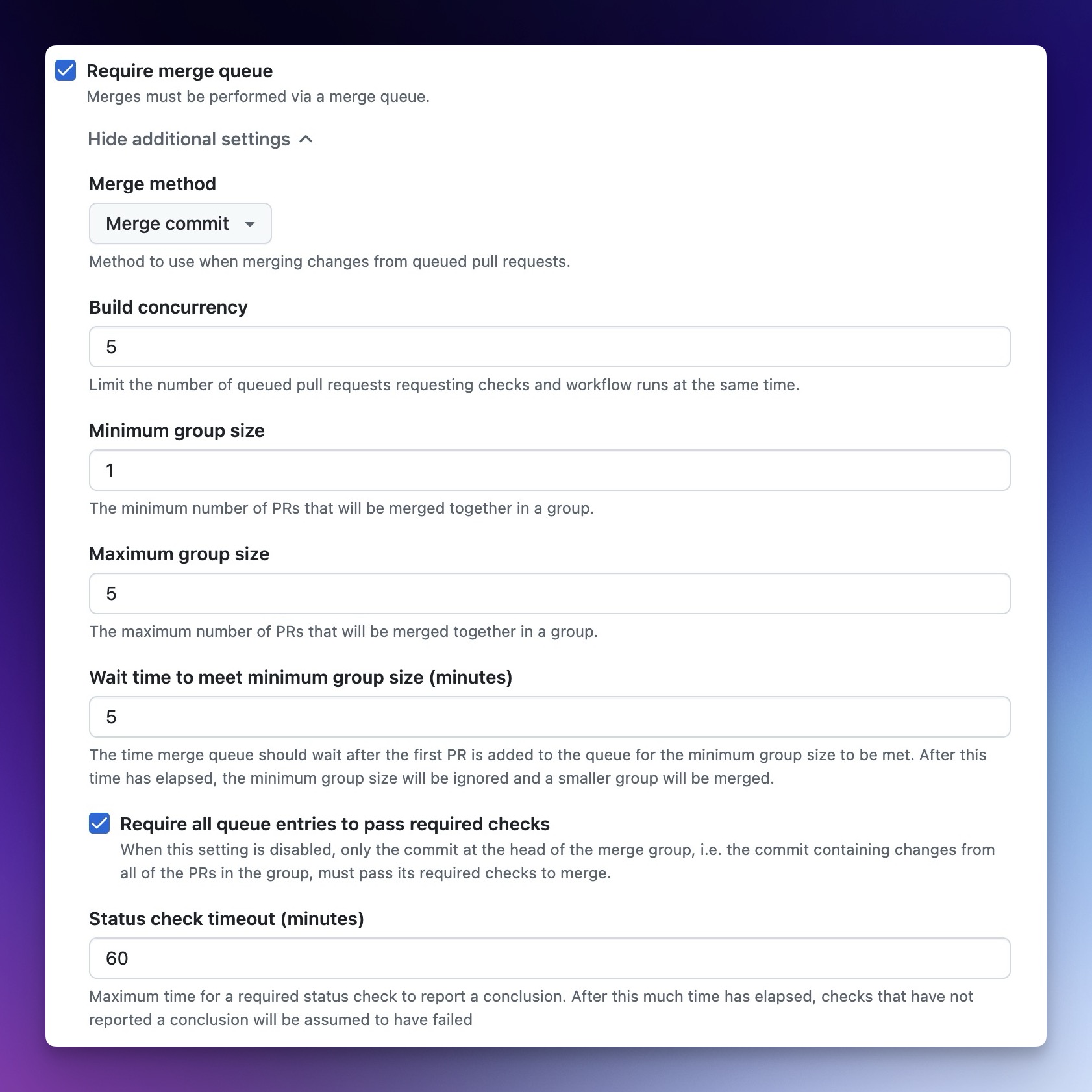 Screenshot of repository rule merge queue options with default configurations.