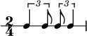  \new RhythmicStaff {
   \clef percussion
   \time 2/4
   \set Score.tempoHideNote = ##t \tempo 4 = 100
   \tuplet 3/2 { c4 c8 } \tuplet 3/2 { c8 c4 }
}
