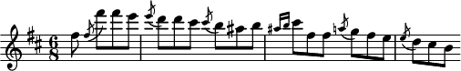 
\header {
  tagline = ##f
}

\score {
  \new Staff \with {

  }
<<
  \relative c'' {
    \key d \major
    \time 6/8
    \override TupletBracket #'bracket-visibility = ##f
    \set Staff.midiInstrument = #"violin"
    \tempo 8 = 220

     %%%%%%%%%%%%%%%%%%%%%%%%%% Thème La Campanella - cto 2/3
     \partial 2 fis8 \acciaccatura fis8 fis'8 fis e \acciaccatura e8 d8 d cis \acciaccatura cis b8 ais b \grace { ais16[ b]} cis8 fis, fis \acciaccatura a!8 g8 fis e \acciaccatura e8 d8 cis b

  }
>>
  \layout {
     \context { \Score \remove "Metronome_mark_engraver" }
  }
  \midi {}
}
