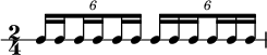  \new RhythmicStaff {
   \clef percussion
   \time 2/4
   \set Score.tempoHideNote = ##t \tempo 4 = 100
   \tuplet 6/4 { c16 \set stemRightBeamCount = #1 c \set stemLeftBeamCount = #1 c \set stemRightBeamCount = #1 c \set stemLeftBeamCount = #1 c c }
   \tuplet 6/4 { c16 c \set stemRightBeamCount = #1 c \set stemLeftBeamCount = #1 c c c }
}
