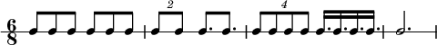  \new RhythmicStaff {
   \clef percussion
   \time 6/8
   \set Score.tempoHideNote = ##t \tempo 4 = 100
   c8 c c c c c
   \tuplet 2/3 { c8 c } c8. c
   \tuplet 4/3 { c8 c c c } c16. c c c
   c2.
}
