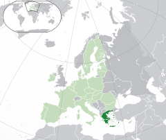 Položaj  Grčka  (dark green) – on the European continent  (green & dark grey) – in Evropska unija  (green)  —  [Legend]