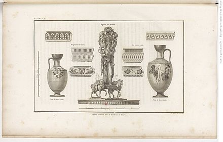 Gravure ancienne : divers objets : statue, vases, fragments de frise