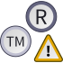 An "R" in a circle, a "TM" in a circle, and an exclamation mark in a warning triangle.