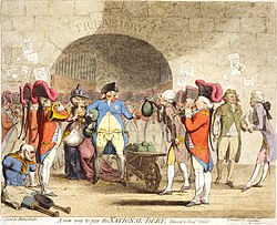 Centre: George III, drawn as a paunchy man with pockets bulging with gold coins, receives a wheel-barrow filled with the money-bags from William Pitt, whose pockets also overflow with coin. To the left, a quadriplegic veteran begs on the street. To the right, George, Prince of Wales, is depicted dressed in rags.