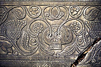 Elaborately carved grave slab at Shebbear (Devon, England) showing a skull sprouting flowering shoots, as a symbol of resurrection