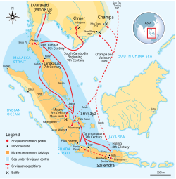 The maximum extent of Srivijaya around the 8th to the 11th century with a series of Srivijayan expeditions and conquest