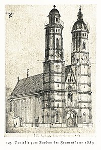 Matthias Berger (Restaurator der Kirche) 1859: Linker Turmentwurf mit laternenartigem Aufsatz über dem letzten gotischen Gesimskranz mit umlaufender Galerie und durch einen Knopf abgeschlossene Kuppel, rechter Turmentwurf gotisierte Kuppel mit offener Laterne, ähnlich der des Bartholomäusdoms in Frankfurt