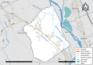 Carte en couleur présentant le réseau hydrographique de la commune