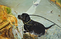 Le labrador retriever au parc de la Sauvagère, huile sur toile, œuvre d'Albert Demuyser (1997)