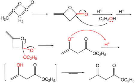 Synthese van ethylacetoacetaat uit diketeen.