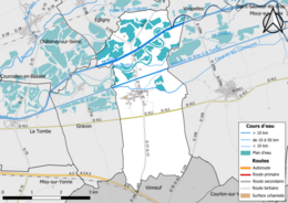 Carte en couleur présentant le réseau hydrographique de la commune