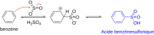 Schéma des étapes de la sulfonation du benzène, aboutissant à l'acide benzènesulfonique