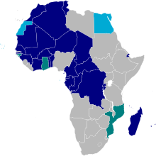 carte représentant en couleur les pays francophones