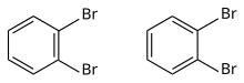 Deux formules de l'ortho-dibromobenzène si les doubles liaisons sont localisées ; dans la première figure la liaison entre les deux carbones portant les Br est double, dans la deuxième figure elle est simple.