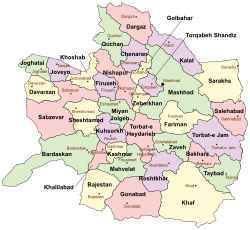 Location of Fariman County in Razavi Khorasan Province (center right, yellow)