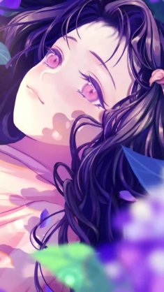 nezuko in violet flowers (kimetsu no yaiba) live wallpaper