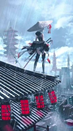 samurai girl on roof live wallpaper