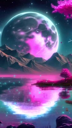 moon near cherry trees live wallpaper