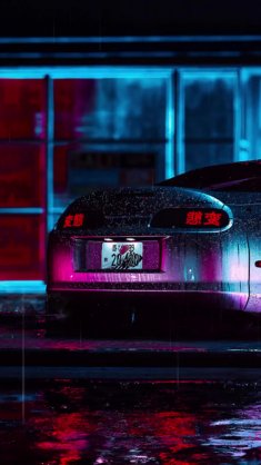 toyota supra at neon night  under the rain live wallpaper