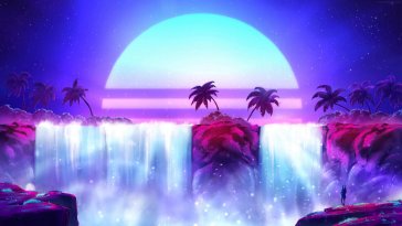 synthwave waterfall and palm live wallpaper