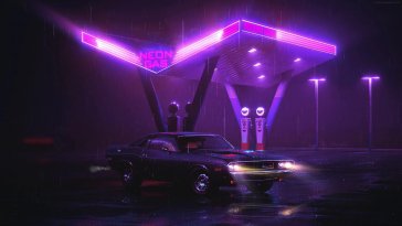 car in neon gas station live wallpaper