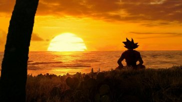 goku meditating while facing the sunset live wallpaper